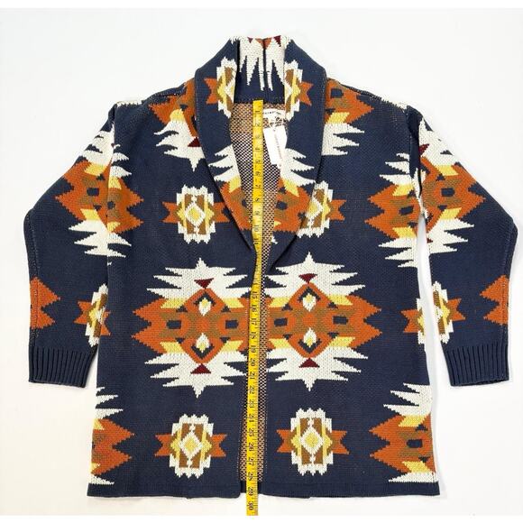 Lucky Brand Aztec Tribal Cardigan Sweater Coatigan Large Shawl Collar Southwest - Picture 4 of 11